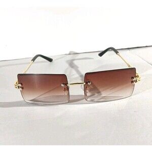 Rimless Square Sunglasses Brown Faded Unisex Metal Frame